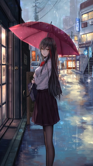 Anime girl with umbrella in the rain