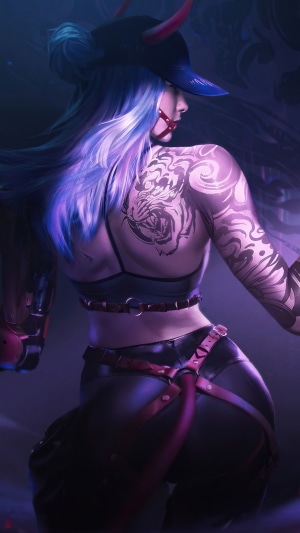 Cyberpunk woman with tiger tattoo and horns