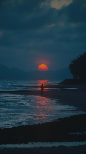 Person on beach at sunset