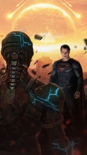 Superman facing a robotic alien with a planet in the background