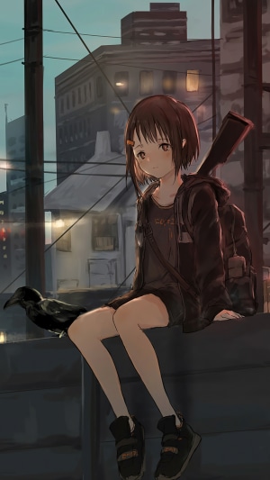 Anime girl with a crow and a rifle