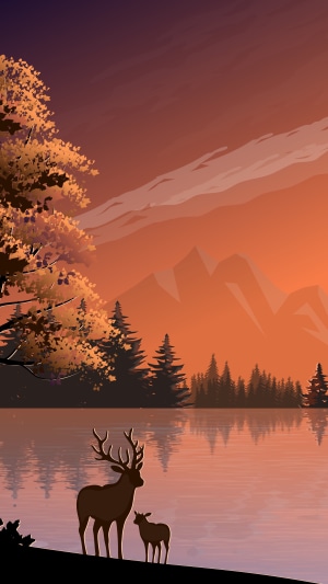 Deer and fawn by a lake at sunset