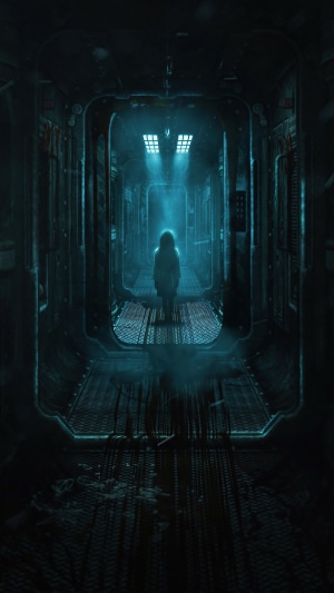A lone figure in a dark, futuristic corridor