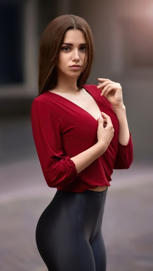 Model in red top and black leggings