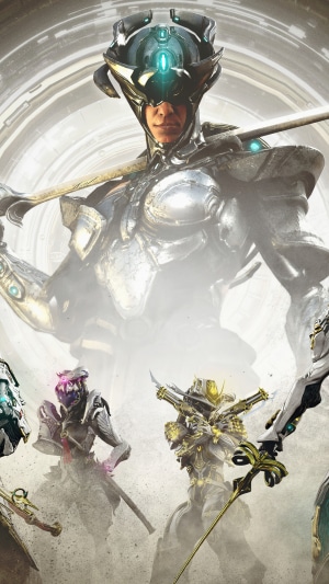 Warframe characters in a battle scene