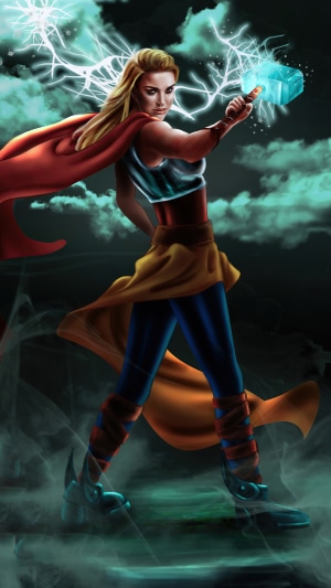 Jane Foster as Thor with Mjolnir and lightning