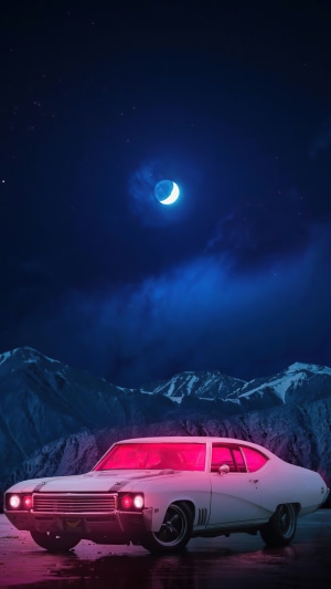White car with pink interior under a crescent moon