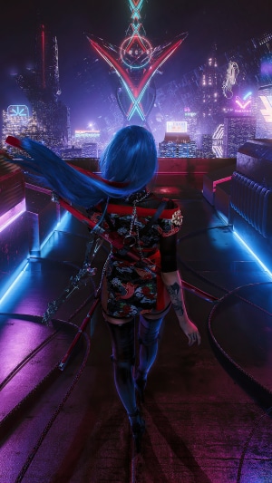 Cyberpunk woman with blue hair in a neon city