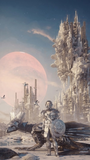 Sci-fi knight with dragon and futuristic city