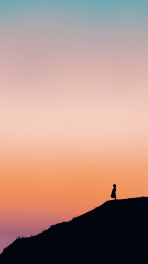Silhouette of a child on a hill at sunset