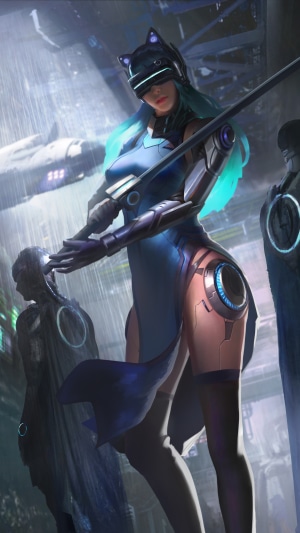 Cyberpunk woman with cat ears and sword