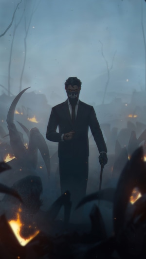 Man in suit with mask and cane in a desolate landscape