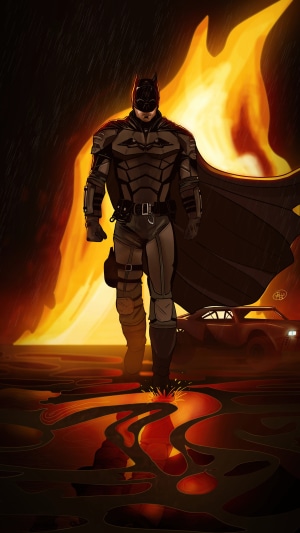 Batman in front of fire and rain