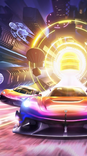 Two Koenigsegg cars racing in a futuristic city