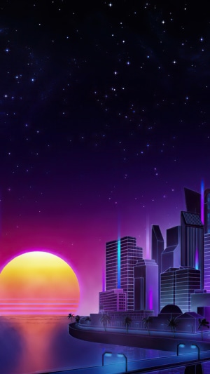 Retrowave cityscape with a large sun and stars