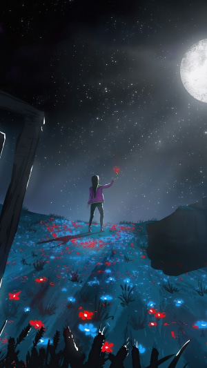 Girl in flower field under starry sky