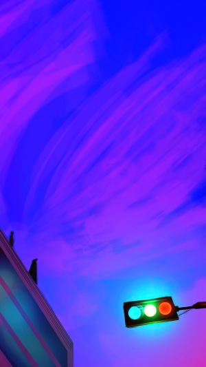 Digital art of a traffic light against a purple sky