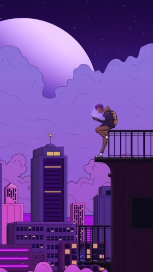 Person on rooftop with phone and city skyline