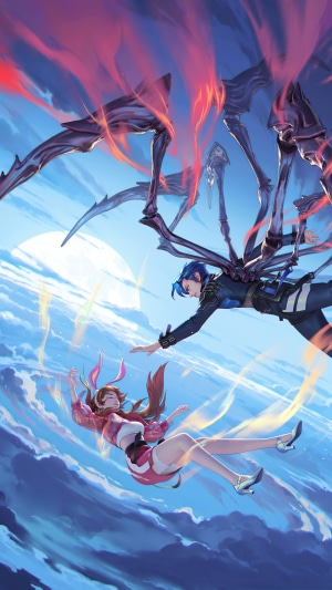 Anime characters reaching for each other in the sky