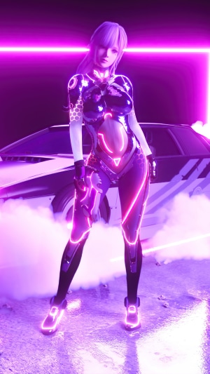 Cyberpunk woman in neon suit with car and smoke