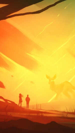 Two figures and a glowing deer in a fiery landscape