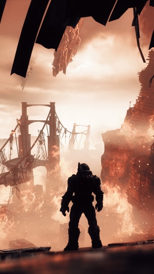 Doom Slayer in a destroyed city with fire