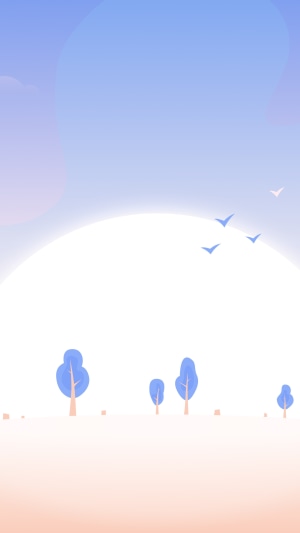 Minimalist digital artwork of a serene landscape with trees and birds