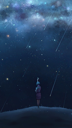 Girl reaching for shooting stars in a galaxy