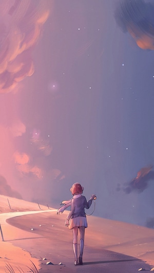 Girl with headphones walking on a road at sunset