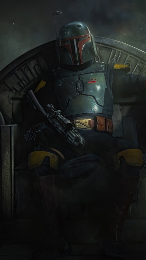 Boba Fett from Star Wars sitting on a throne