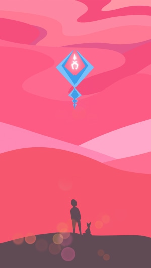 A person and dog look at a floating blue crystal