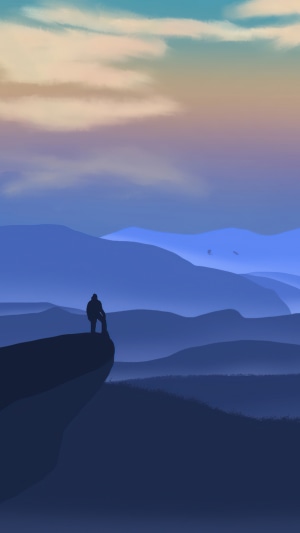 Minimalist digital art of a person on a cliff overlooking mountains