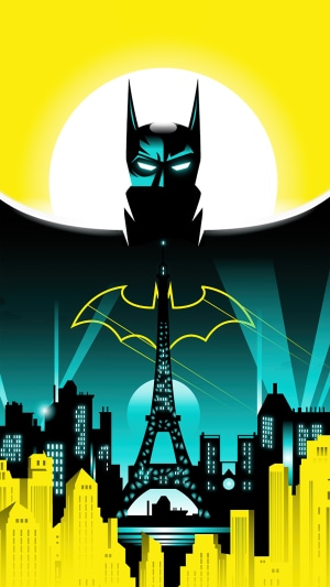 Batman over Paris skyline with Eiffel Tower