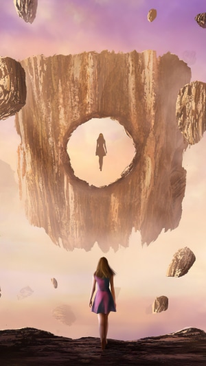 Woman walking towards floating islands with a hole