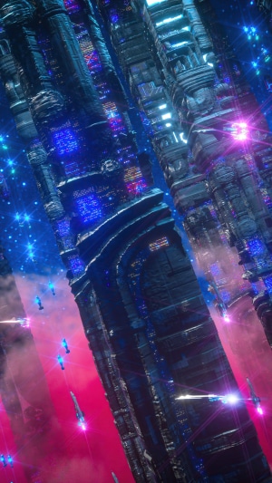 Sci-fi artwork of a futuristic city with spaceships