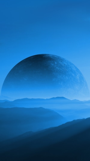 Planet over misty mountains, digital art 4K