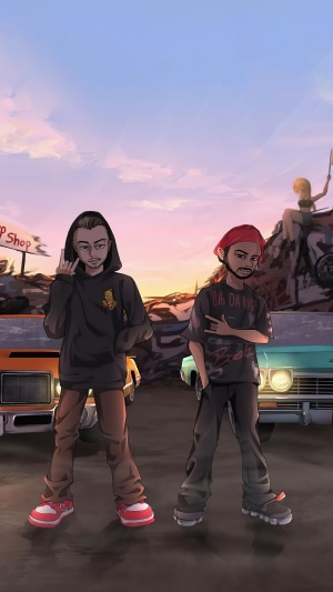 Two male artists with cars and a woman on a motorcycle
