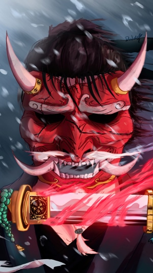 Samurai with red Oni mask and glowing sword