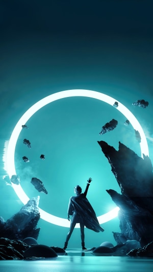 Man in Cape Reaching Towards Glowing Ring