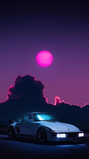 Porsche 911 in Outrun style with pink moon