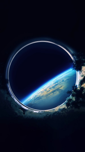 Earth viewed through a circular portal in space