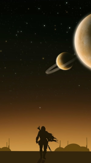 Mandalorian in space with planets