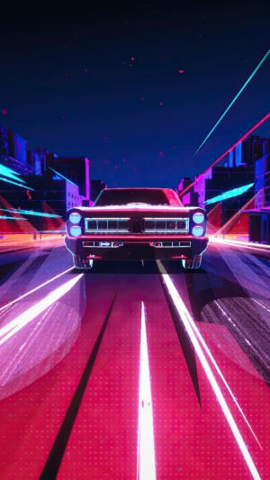 Retro car driving through a neon city at night