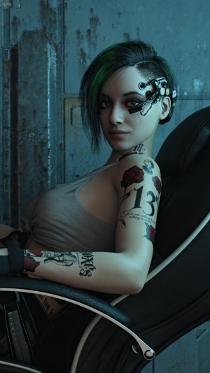 Woman with tattoos and cybernetic implants