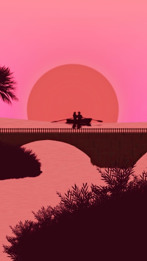 Couple in a boat at sunset with bridge