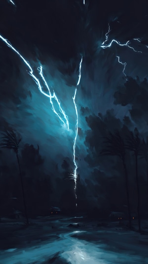 Digital art of a lightning storm over a dark landscape
