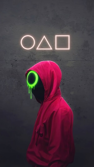 Squid Game character with neon symbols