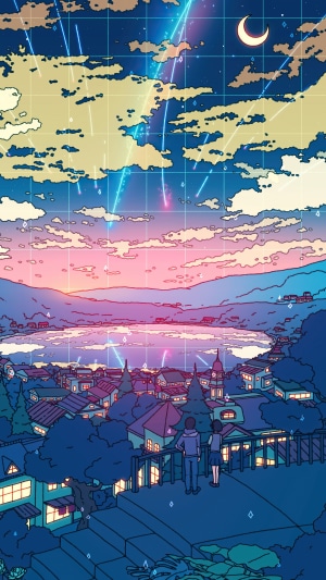 Couple watching meteor shower over city and lake