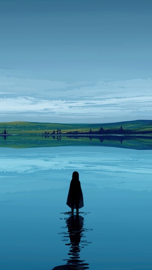 Artwork of a lone figure by a lake