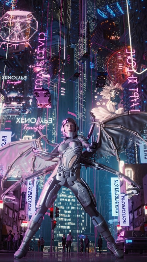 Cyberpunk city with a winged woman in a futuristic suit